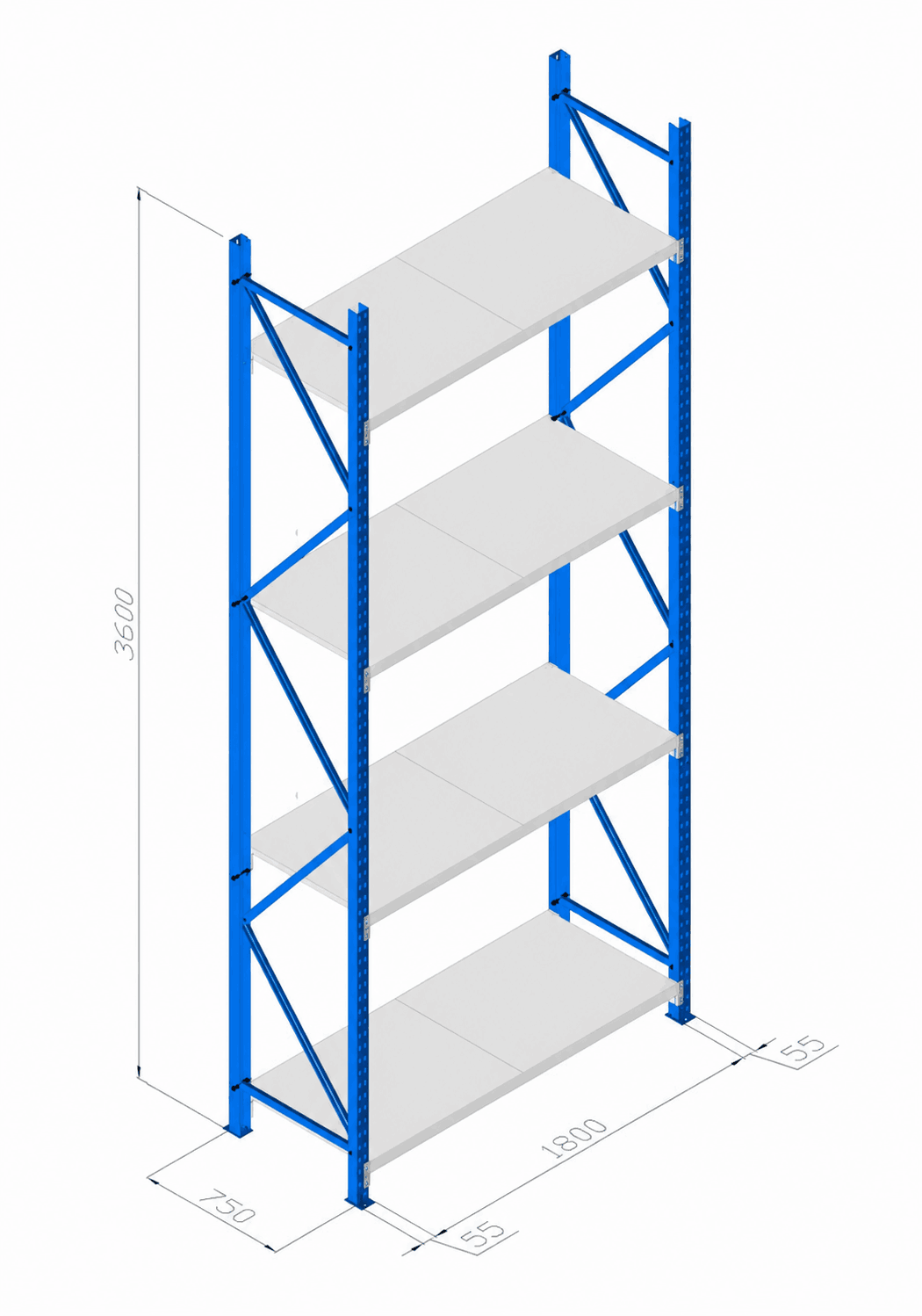 Technical diagram of EPSI industrial storage rack measuring approximately 141.7 inches high, 72.8 inches wide, and 29.5 inches deep